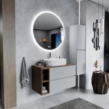 HD Zyra+ Fume Grey 80/100 fali mosdószekrény tölgyfa színű mosdópulttal és kiegészítő tölgyfa színű fali modullal