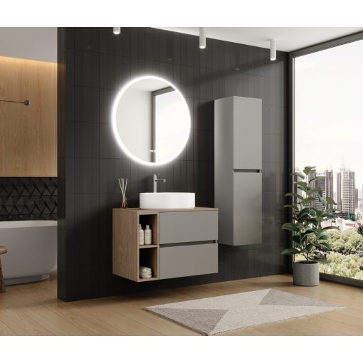 HD Zyra+ Fume Grey 80/100 fali mosdószekrény tölgyfa színű mosdópulttal és kiegészítő tölgyfa színű fali modullal