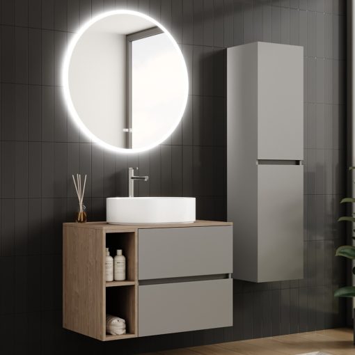 HD Zyra+ Fume Grey 80/100 fali mosdószekrény tölgyfa színű mosdópulttal és kiegészítő tölgyfa színű fali modullal