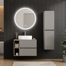 HD Zyra+ Fume Grey 80/100 fali mosdószekrény tölgyfa színű mosdópulttal és kiegészítő tölgyfa színű fali modullal