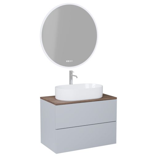 HD Zyra Pro Fume Grey 60 komplett fürdőszoba bútor fali push-to-open mosdószekrénnyel, tölgyfa színű mosdópulttal és tükörrel