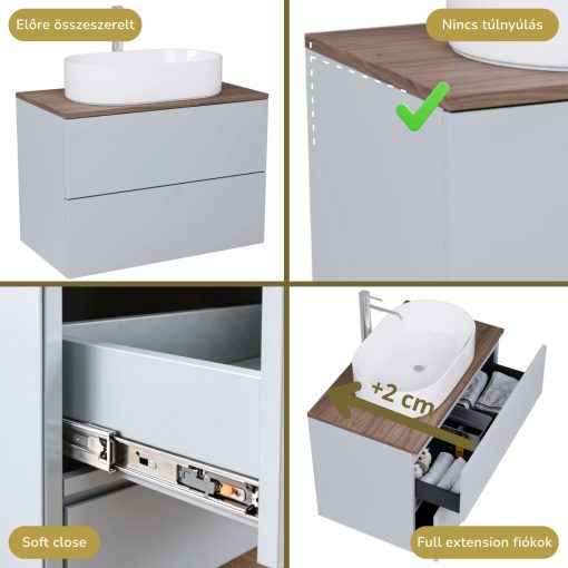 HD Zyra Pro Fume Grey 60 komplett fürdőszoba bútor fali push-to-open mosdószekrénnyel, tölgyfa színű mosdópulttal és tükörrel