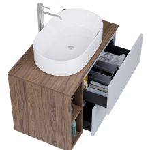 HD Zyra Pro+ Fume Grey 80 komplett fürdőszoba bútor fali push-to-open mosdószekrénnyel, tölgyfa színű mosdópulttal, kiegészítő tölgyfa színű fali modullal és tükörrel