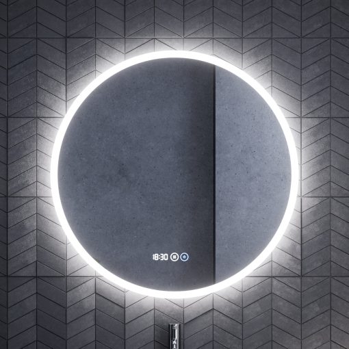 HD Zyra Pro+ Fume Grey 80 komplett fürdőszoba bútor fali push-to-open mosdószekrénnyel, tölgyfa színű mosdópulttal, kiegészítő tölgyfa színű fali modullal és tükörrel