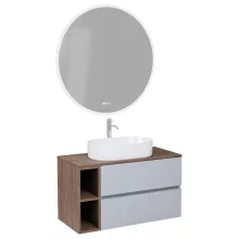 HD Zyra+ Fume Grey 80/100 komplett fürdőszoba bútor fali mosdószekrénnyel, tölgyfa színű mosdópulttal, kiegészítő tölgyfa színű fali modullal és tükörrel