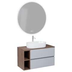   HD Zyra+ Fume Grey 80/100 komplett fürdőszoba bútor fali mosdószekrénnyel, tölgyfa színű mosdópulttal, kiegészítő tölgyfa színű fali modullal és tükörrel