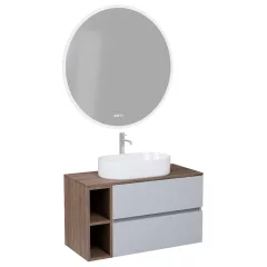   HD Zyra+ Fume Grey 80/100 komplett fürdőszoba bútor fali mosdószekrénnyel, tölgyfa színű mosdópulttal, kiegészítő tölgyfa színű fali modullal és tükörrel