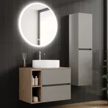 HD Zyra+ Fume Grey 80/100 komplett fürdőszoba bútor fali mosdószekrénnyel, tölgyfa színű mosdópulttal, kiegészítő tölgyfa színű fali modullal és tükörrel