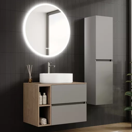 HD Zyra+ Fume Grey 80/100 komplett fürdőszoba bútor fali mosdószekrénnyel, tölgyfa színű mosdópulttal, kiegészítő tölgyfa színű fali modullal és tükörrel