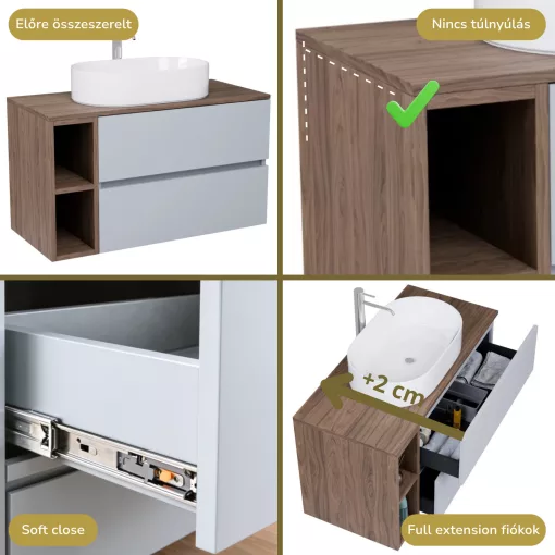 HD Zyra+ Fume Grey 80/100 komplett fürdőszoba bútor fali mosdószekrénnyel, tölgyfa színű mosdópulttal, kiegészítő tölgyfa színű fali modullal és tükörrel