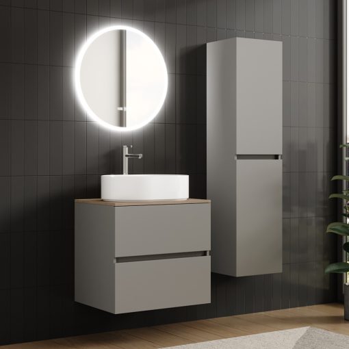 HD Zyra Fume Grey 60 komplett fürdőszoba bútor fali mosdószekrénnyel, tölgyfa színű mosdópulttal és tükörrel