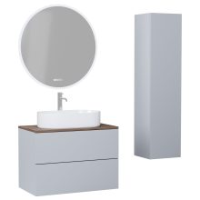 HD Zyra Pro Fume Grey 60 komplett fürdőszoba bútor szett fali push-to-open mosdószekrénnyel, tölgyfa színű mosdópulttal, tükörrel és magasszekrénnyel