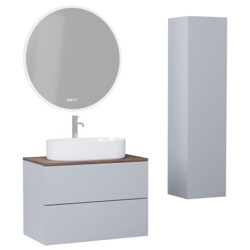 HD Zyra Pro Fume Grey 60 komplett fürdőszoba bútor szett fali push-to-open mosdószekrénnyel, tölgyfa színű mosdópulttal, tükörrel és magasszekrénnyel