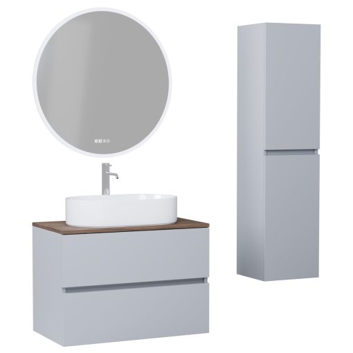 HD Zyra Fume Grey 60 komplett fürdőszoba bútor szett fali mosdószekrénnyel, tölgyfa színű mosdópulttal, tükörrel és magasszekrénnyel