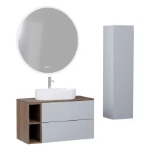 HD Zyra Pro+ Fume Grey 80 komplett fürdőszoba bútor szett fali push-to-open mosdószekrénnyel, tölgyfa színű mosdópulttal, kiegészítő tölgyfa színű fali modullal, tükörrel és magasszekrénnyel