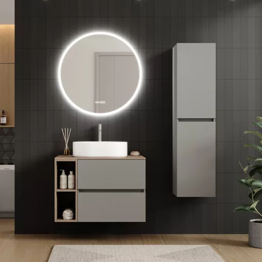 HD Zyra Pro+ Fume Grey 80 komplett fürdőszoba bútor szett fali push-to-open mosdószekrénnyel, tölgyfa színű mosdópulttal, kiegészítő tölgyfa színű fali modullal, tükörrel és magasszekrénnyel