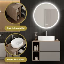 HD Zyra Pro+ Fume Grey 80 komplett fürdőszoba bútor szett fali push-to-open mosdószekrénnyel, tölgyfa színű mosdópulttal, kiegészítő tölgyfa színű fali modullal, tükörrel és magasszekrénnyel