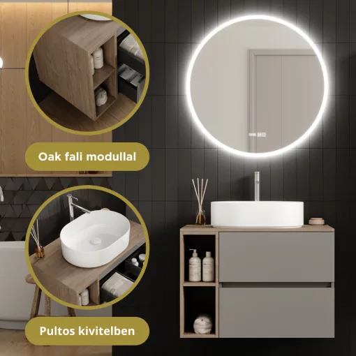 HD Zyra Pro+ Fume Grey 80 komplett fürdőszoba bútor szett fali push-to-open mosdószekrénnyel, tölgyfa színű mosdópulttal, kiegészítő tölgyfa színű fali modullal, tükörrel és magasszekrénnyel