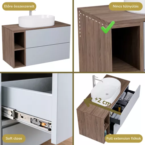 HD Zyra Pro+ Fume Grey 80 komplett fürdőszoba bútor szett fali push-to-open mosdószekrénnyel, tölgyfa színű mosdópulttal, kiegészítő tölgyfa színű fali modullal, tükörrel és magasszekrénnyel