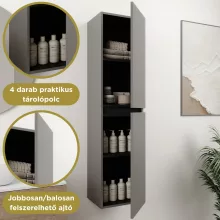 HD Zyra Pro+ Fume Grey 80 komplett fürdőszoba bútor szett fali push-to-open mosdószekrénnyel, tölgyfa színű mosdópulttal, kiegészítő tölgyfa színű fali modullal, tükörrel és magasszekrénnyel