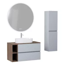 HD Zyra+ Fume Grey 80/100 komplett fürdőszoba bútor szett fali mosdószekrénnyel, tölgyfa színű mosdópulttal, kiegészítő tölgyfa színű fali modullal, tükörrel és magasszekrénnyel