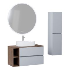   HD Zyra+ Fume Grey 80/100 komplett fürdőszoba bútor szett fali mosdószekrénnyel, tölgyfa színű mosdópulttal, kiegészítő tölgyfa színű fali modullal, tükörrel és magasszekrénnyel