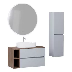   HD Zyra+ Fume Grey 80/100 komplett fürdőszoba bútor szett fali mosdószekrénnyel, tölgyfa színű mosdópulttal, kiegészítő tölgyfa színű fali modullal, tükörrel és magasszekrénnyel