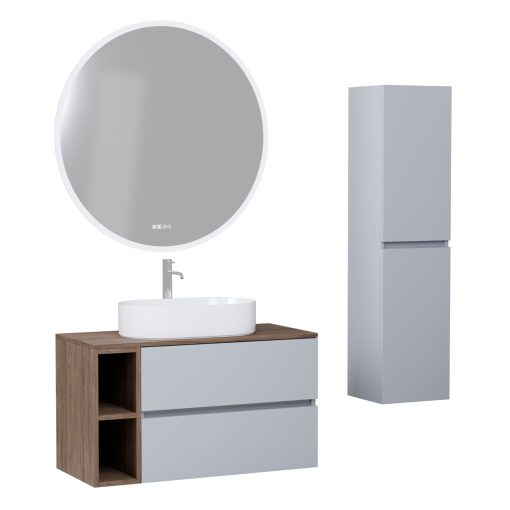 HD Zyra+ Fume Grey 80/100 komplett fürdőszoba bútor szett fali mosdószekrénnyel, tölgyfa színű mosdópulttal, kiegészítő tölgyfa színű fali modullal, tükörrel és magasszekrénnyel