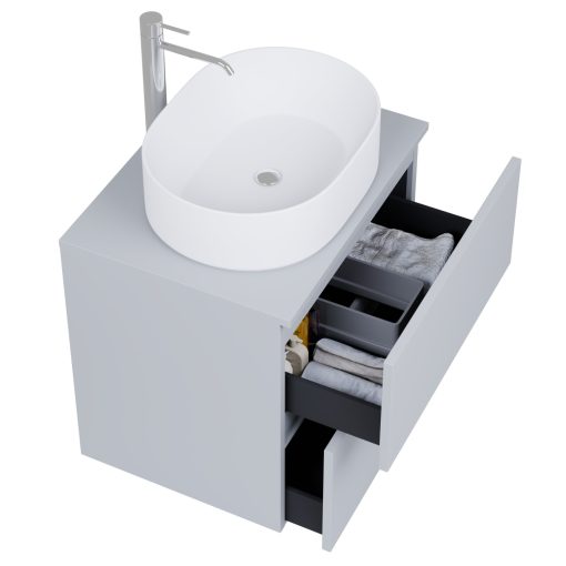 HD Zyra Pro Fume Grey 60 komplett fürdőszoba bútor fali push-to-open mosdószekrénnyel, füst szürke mosdópulttal és tükörrel