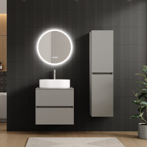 HD Zyra Pro Fume Grey 60 komplett fürdőszoba bútor fali push-to-open mosdószekrénnyel, füst szürke mosdópulttal és tükörrel