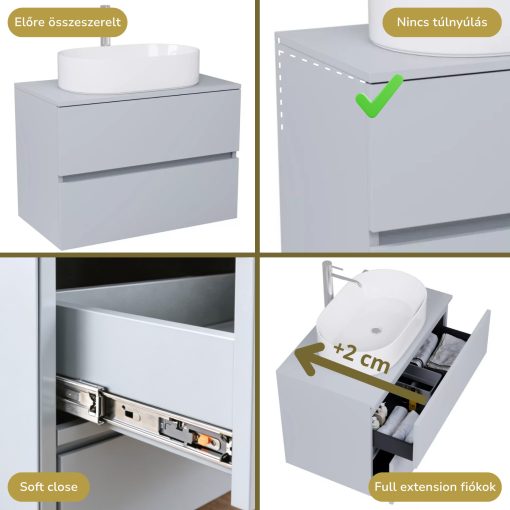 HD Zyra Fume Grey 60/80/100/120 komplett fürdőszoba bútor szett fali mosdószekrénnyel, füst szürke mosdópulttal, tükörrel és magasszekrénnyel