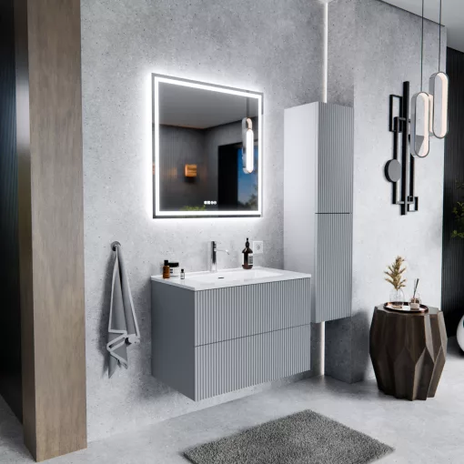 HD Ravello Pro Fume Grey 60 komplett fürdőszoba bútor fali push-to-open mosdószekrénnyel, fényes fehér slim mosdóval és tükörrel
