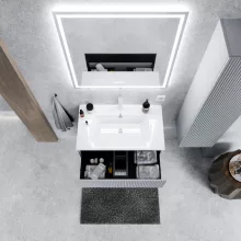 HD Ravello Pro Fume Grey 60 komplett fürdőszoba bútor fali push-to-open mosdószekrénnyel, fényes fehér slim mosdóval és tükörrel