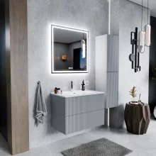 HD Ravello Pro Fume Grey 60 komplett fürdőszoba bútor szett fali push-to-open mosdószekrénnyel, fényes fehér slim mosdóval, tükörrel és magasszekrénnyel