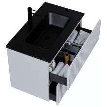 HD Ravello Pro Fume Grey 60 komplett fürdőszoba bútor fali push-to-open mosdószekrénnyel, matt fekete slim mosdóval és tükörrel