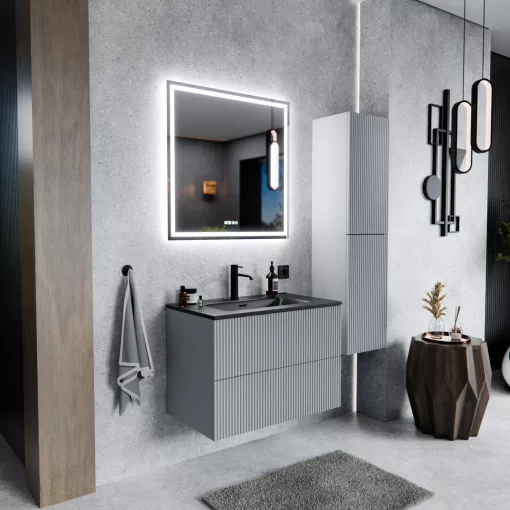 HD Ravello Pro Fume Grey 60 komplett fürdőszoba bútor fali push-to-open mosdószekrénnyel, matt fekete slim mosdóval és tükörrel