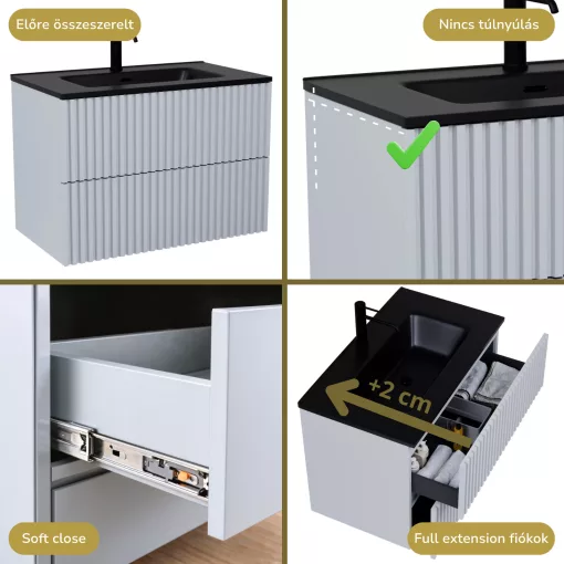HD Ravello Pro Fume Grey 60 komplett fürdőszoba bútor fali push-to-open mosdószekrénnyel, matt fekete slim mosdóval és tükörrel