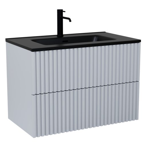 HD Ravello Pro Fume Grey 60 komplett fürdőszoba bútor szett fali push-to-open mosdószekrénnyel, matt fekete slim mosdóval, tükörrel és magasszekrénnyel