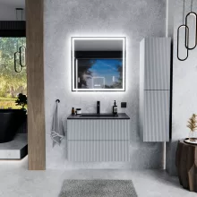 HD Ravello Pro Fume Grey 60 komplett fürdőszoba bútor szett fali push-to-open mosdószekrénnyel, matt fekete slim mosdóval, tükörrel és magasszekrénnyel