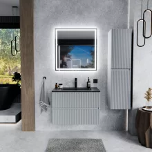HD Torino Fume Grey 60 komplett fürdőszoba bútor szett fali mosdószekrénnyel, matt fekete slim mosdóval, tükörrel és magasszekrénnyel