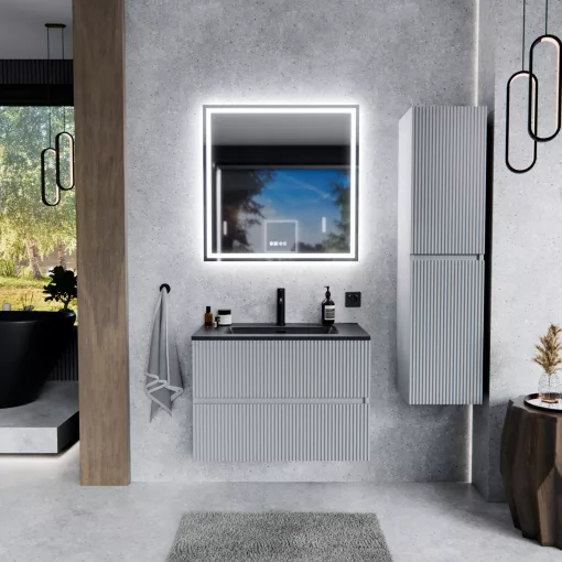 HD Torino Fume Grey 60 komplett fürdőszoba bútor szett fali mosdószekrénnyel, matt fekete slim mosdóval, tükörrel és magasszekrénnyel