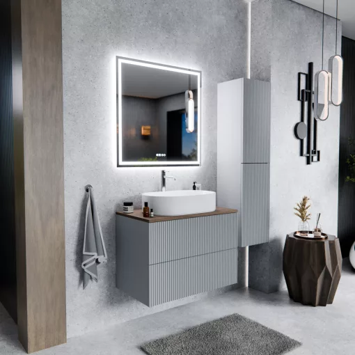 HD Rapallo Pro Fume Grey 60 fali mosdószekrény, push-to-open mechanizmussal, tölgyfa színű mosdópulttal