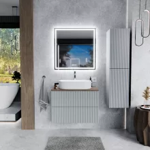 HD Rapallo Pro Fume Grey 60 fali mosdószekrény, push-to-open mechanizmussal, tölgyfa színű mosdópulttal