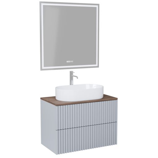 HD Rapallo Pro Fume Grey 60 komplett fürdőszoba bútor fali push-to-open mosdószekrénnyel, tölgyfa színű mosdópulttal és tükörrel