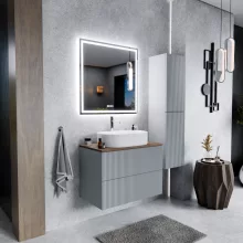 HD Rapallo Pro Fume Grey 60 komplett fürdőszoba bútor fali push-to-open mosdószekrénnyel, tölgyfa színű mosdópulttal és tükörrel