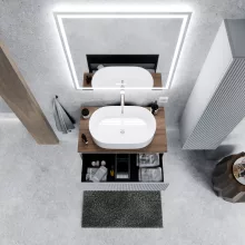 HD Rapallo Pro Fume Grey 60 komplett fürdőszoba bútor fali push-to-open mosdószekrénnyel, tölgyfa színű mosdópulttal és tükörrel