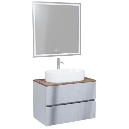 HD Turin Fume Grey 60 komplett fürdőszoba bútor fali mosdószekrénnyel, tölgyfa színű mosdópulttal és tükörrel