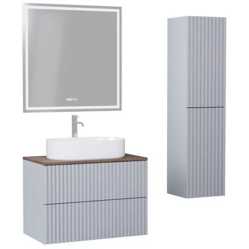 HD Rapallo Pro Fume Grey 60 komplett fürdőszoba bútor szett fali push-to-open mosdószekrénnyel, tölgyfa színű mosdópulttal, tükörrel és magasszekrénnyel