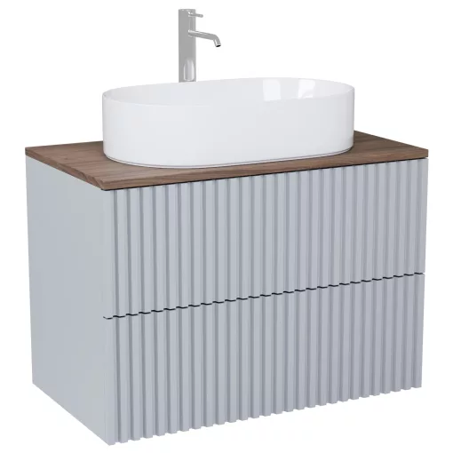 HD Rapallo Pro Fume Grey 60 komplett fürdőszoba bútor szett fali push-to-open mosdószekrénnyel, tölgyfa színű mosdópulttal, tükörrel és magasszekrénnyel