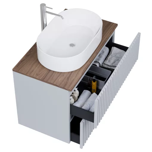 HD Rapallo Pro Fume Grey 60 komplett fürdőszoba bútor szett fali push-to-open mosdószekrénnyel, tölgyfa színű mosdópulttal, tükörrel és magasszekrénnyel